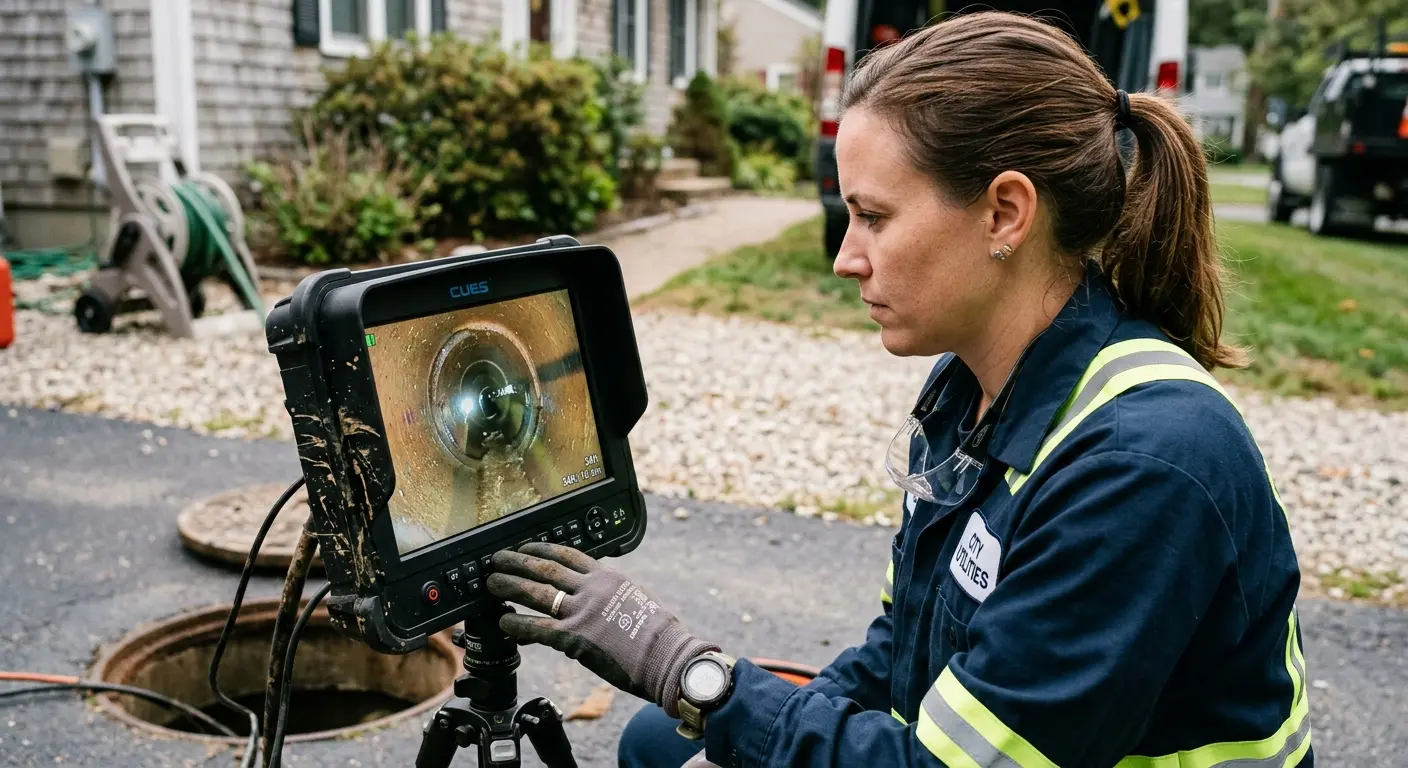 Technician reviewing sewer camera inspection footage in Fairfield Glade
