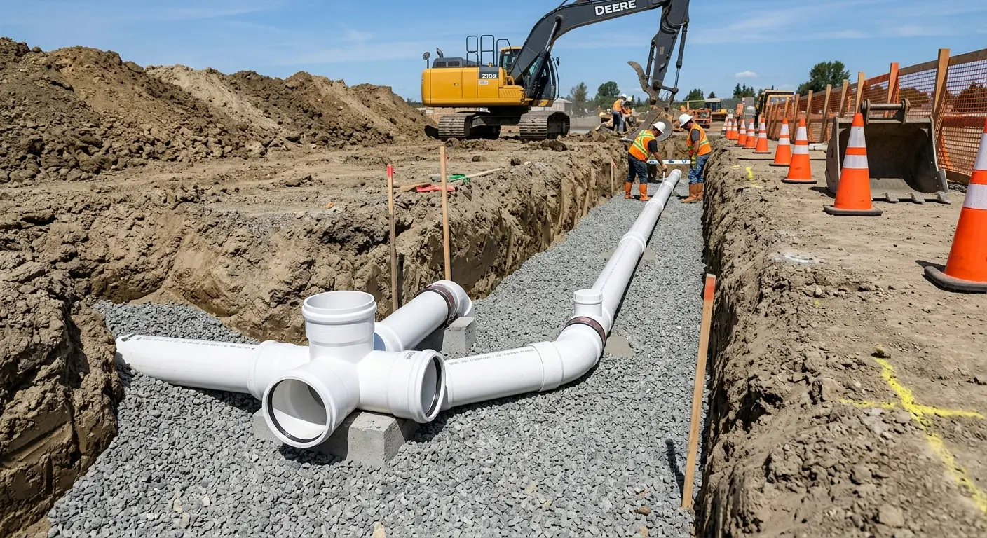 New PVC sewer pipe installation in open trench for Commercial Drain Cleaning in Fairfield Glade