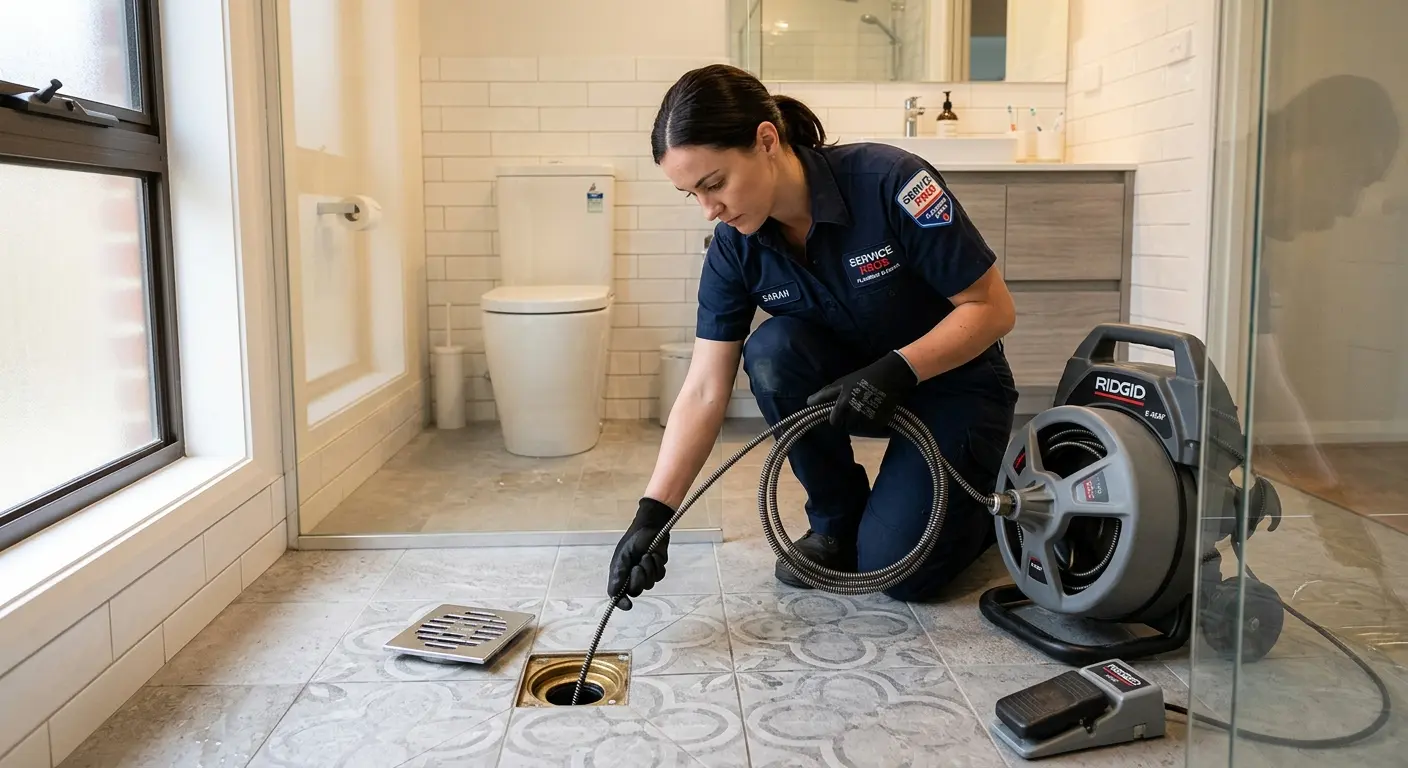 Technician clearing a bathroom floor drain for Hydro Jetting in Fairfield Glade